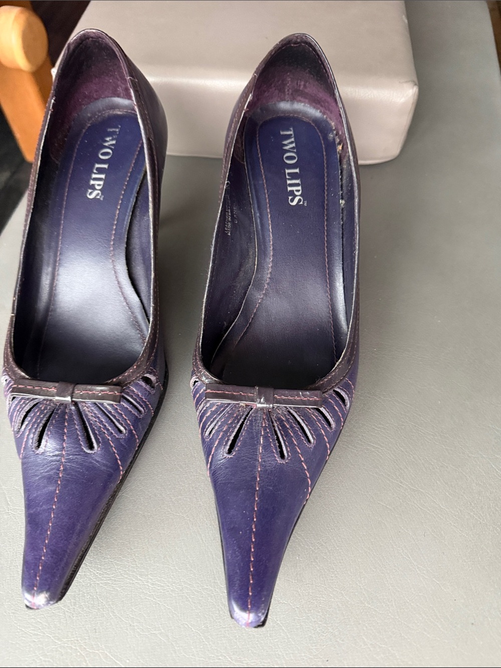 Two Lips Purple Pointed Toe Cutout Heels